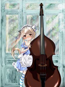 Preview wallpaper neko, maid, double bass, musical instrument, anime