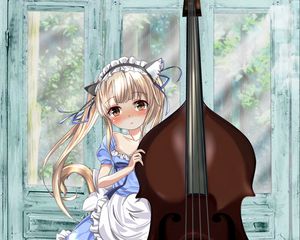 Preview wallpaper neko, maid, double bass, musical instrument, anime