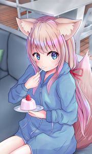 Preview wallpaper neko, ponytail, dessert, anime, art