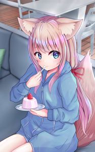 Preview wallpaper neko, ponytail, dessert, anime, art