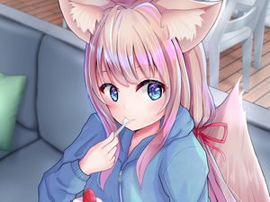 Preview wallpaper neko, ponytail, dessert, anime, art