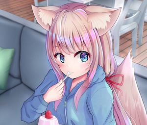 Preview wallpaper neko, ponytail, dessert, anime, art