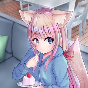 Preview wallpaper neko, ponytail, dessert, anime, art