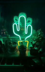 Preview wallpaper neon, cactus, flowers, light, green