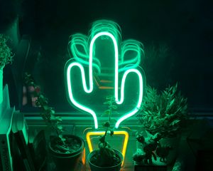 Preview wallpaper neon, cactus, flowers, light, green