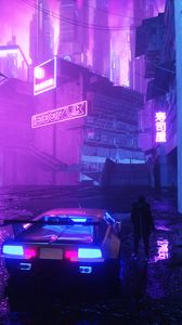 Preview wallpaper neon, car, silhouette, street, night