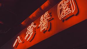 Preview wallpaper neon, hieroglyphs, inscription, words, red