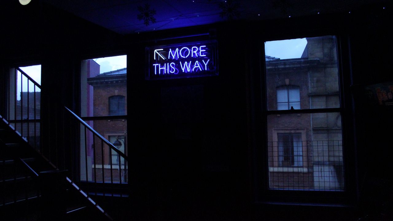 Wallpaper neon, inscription, wall, window, staircase