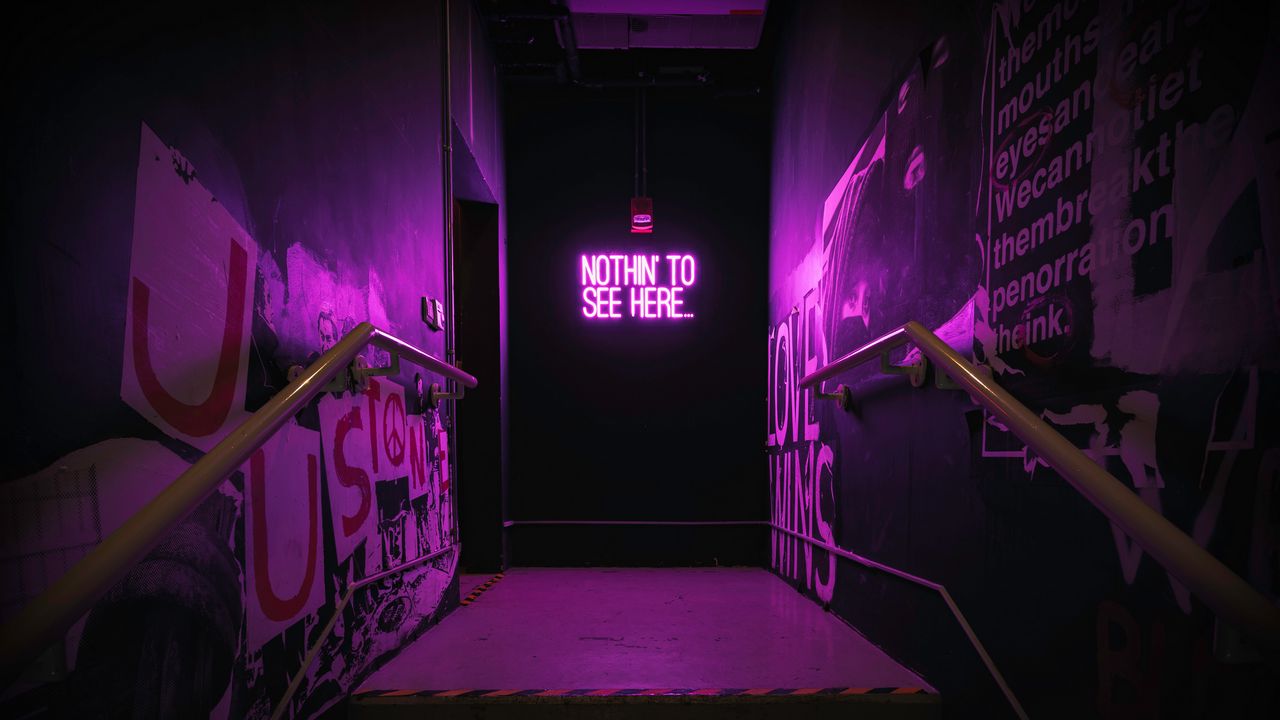 1280x720 Wallpaper neon, inscription, wall, purple, backlight