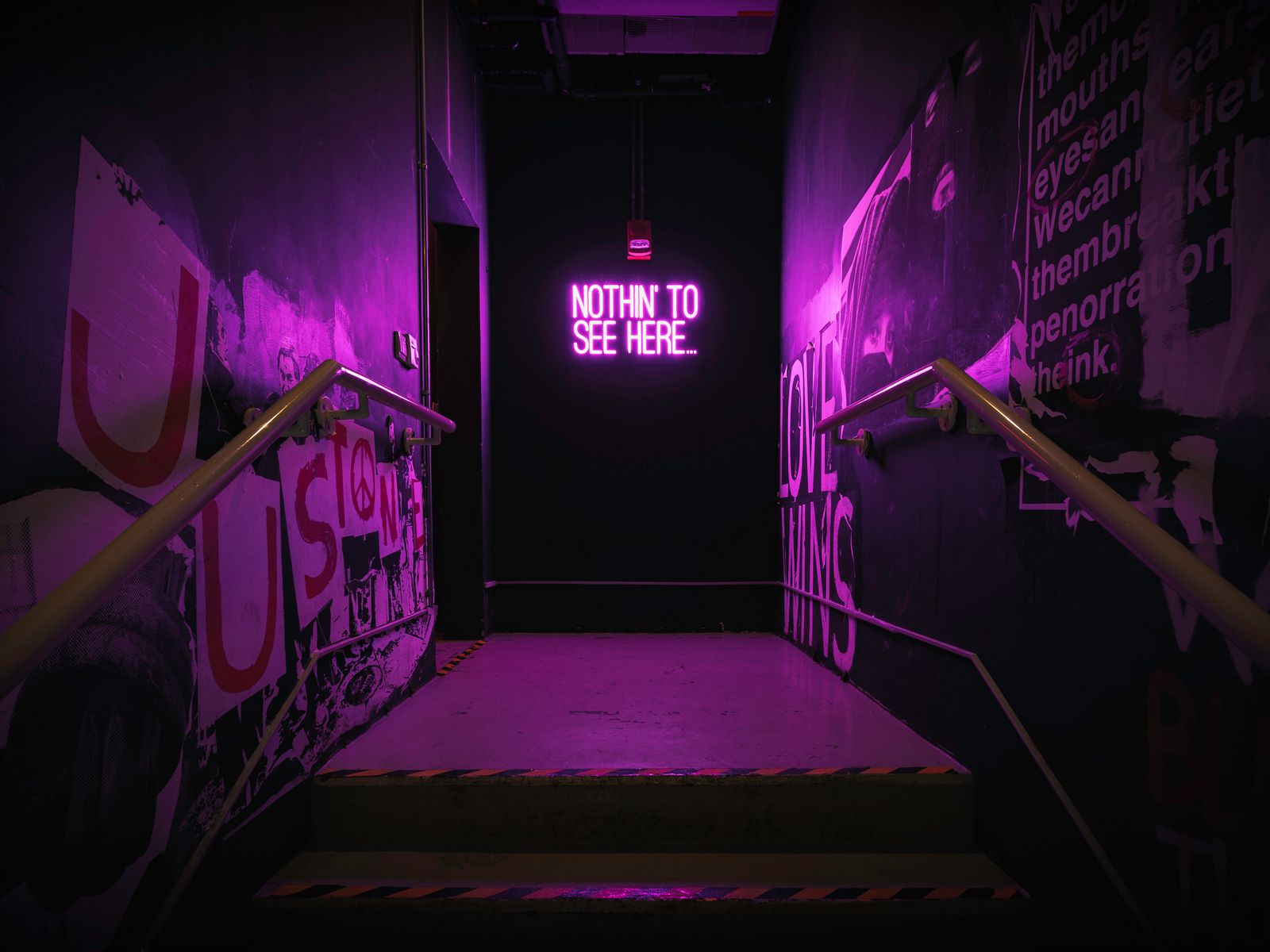 1600x1200 Wallpaper neon, inscription, wall, purple, backlight