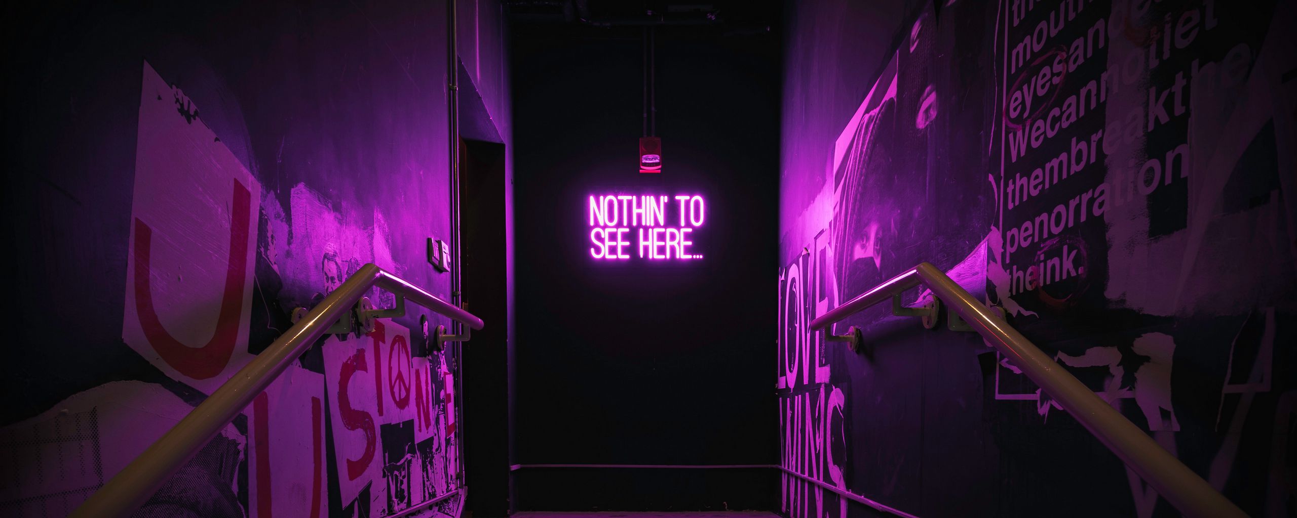 2560x1024 Wallpaper neon, inscription, wall, purple, backlight