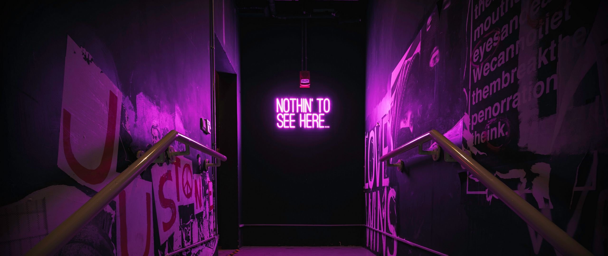 2560x1080 Wallpaper neon, inscription, wall, purple, backlight