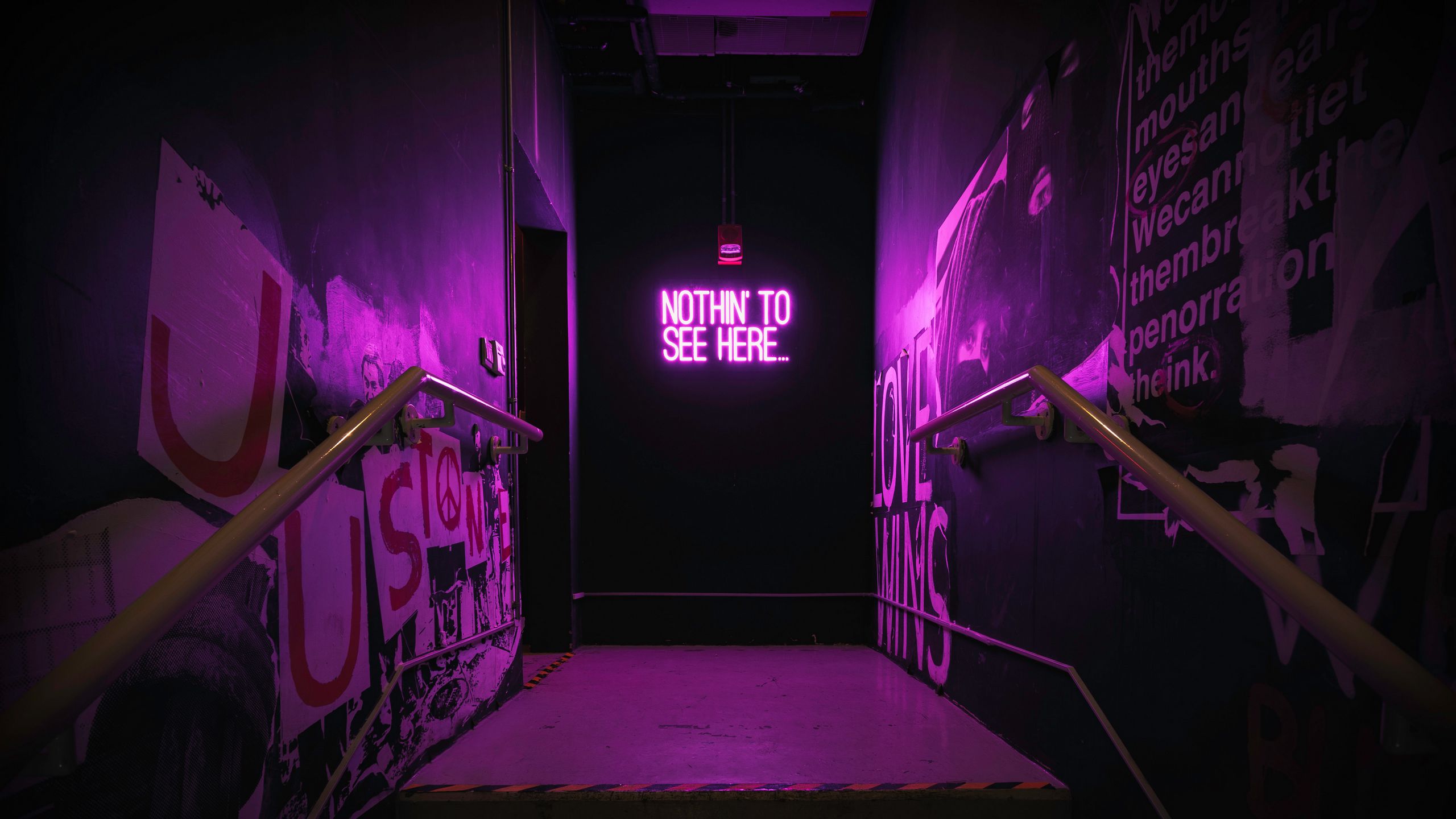2560x1440 Wallpaper neon, inscription, wall, purple, backlight