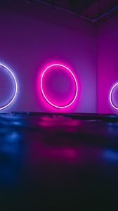 Preview wallpaper neon, light, rings, wall, backlight