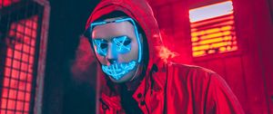 Preview wallpaper neon mask, mask, man, hood, red