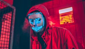 Preview wallpaper neon mask, mask, man, hood, red