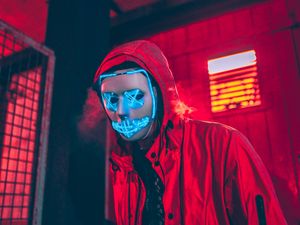 Preview wallpaper neon mask, mask, man, hood, red