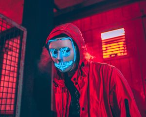 Preview wallpaper neon mask, mask, man, hood, red