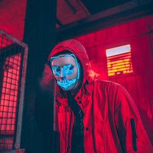 Preview wallpaper neon mask, mask, man, hood, red