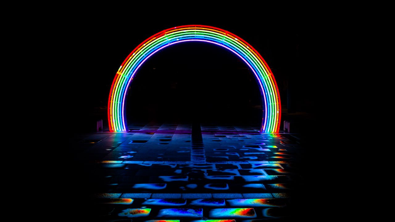 Wallpaper neon, rainbow, arch, light, dark