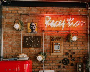 Preview wallpaper neon, signboard, wall, table, cafe, interior