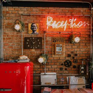 Preview wallpaper neon, signboard, wall, table, cafe, interior