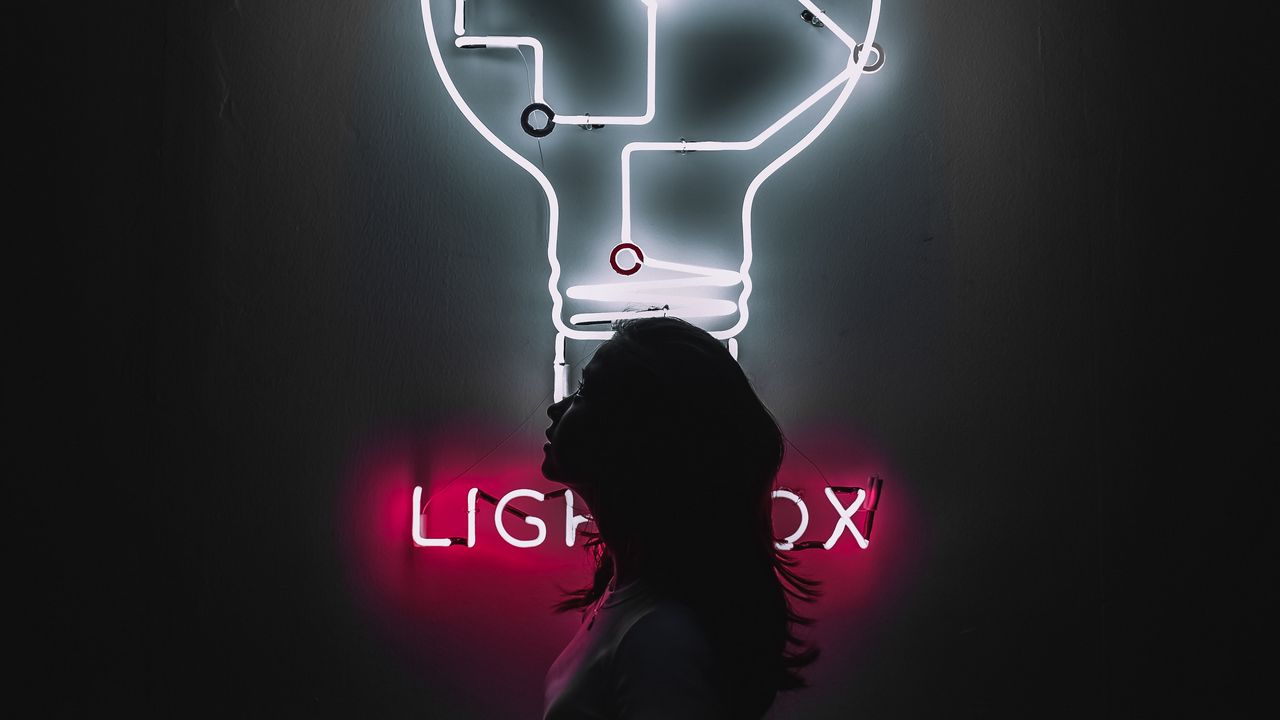 Wallpaper neon, silhouette, girl, light bulb, backlight