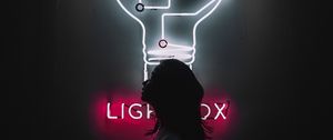 Preview wallpaper neon, silhouette, girl, light bulb, backlight