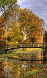Preview wallpaper netherlands, bridge, river, autumn, trees, leaves