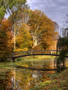Preview wallpaper netherlands, bridge, river, autumn, trees, leaves
