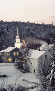 Preview wallpaper new england, snow, winter, structures, trees