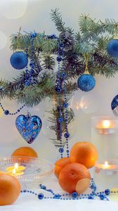 Preview wallpaper new year, celebration, branch, tangerines, candles, christmas decorations