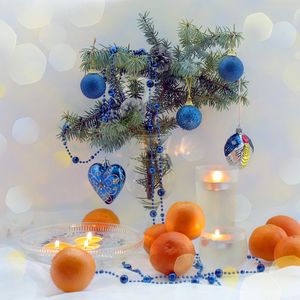 Preview wallpaper new year, celebration, branch, tangerines, candles, christmas decorations