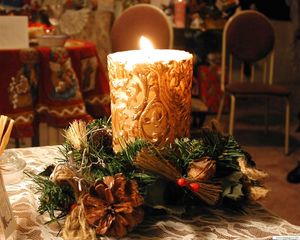 Preview wallpaper new year, christmas, candle, fire, table, cosiness