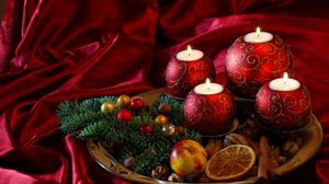 Preview wallpaper new year, christmas, candles, needles, food, silk