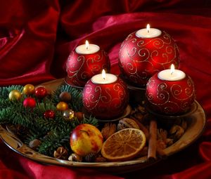 Preview wallpaper new year, christmas, candles, needles, food, silk