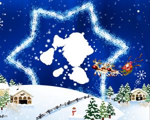 Preview wallpaper new year, christmas, card, star, reindeer, santa claus, flying, colorfully