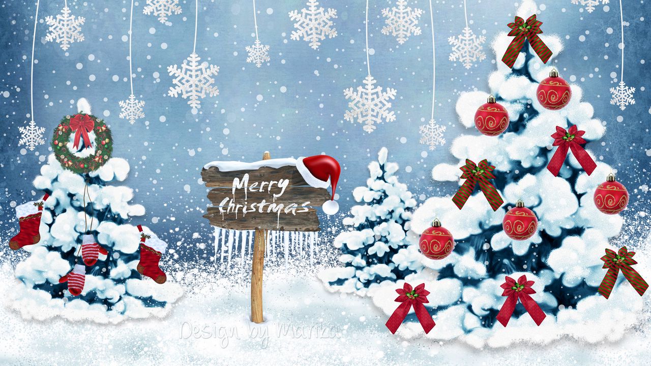 Wallpaper new year, christmas, card, christmas trees, snowflakes, ornaments