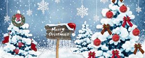 Preview wallpaper new year, christmas, card, christmas trees, snowflakes, ornaments