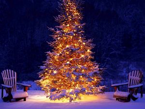 Preview wallpaper new year, christmas, christmas tree, decoration, chairs, snow, garland