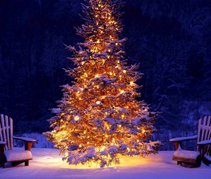 Preview wallpaper new year, christmas, christmas tree, decoration, chairs, snow, garland