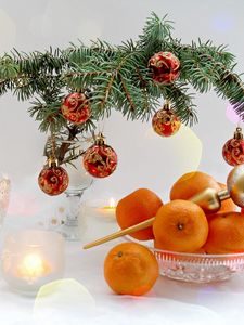 Preview wallpaper new year, christmas, food, tangerines, branch, candles, table