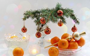 Preview wallpaper new year, christmas, food, tangerines, branch, candles, table