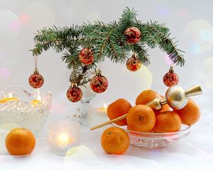 Preview wallpaper new year, christmas, food, tangerines, branch, candles, table