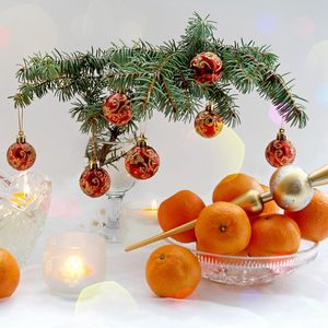 Preview wallpaper new year, christmas, food, tangerines, branch, candles, table