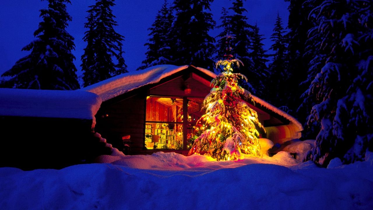 Wallpaper new year, christmas, fur-tree, house, window, kind, fires