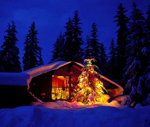 Preview wallpaper new year, christmas, fur-tree, house, window, kind, fires