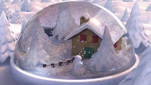 Preview wallpaper new year, christmas, gift, glass, snowman, snow, house, fur-trees