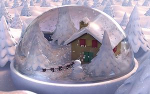 Preview wallpaper new year, christmas, gift, glass, snowman, snow, house, fur-trees