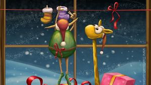 Preview wallpaper new year, christmas, giraffe, gifts, window